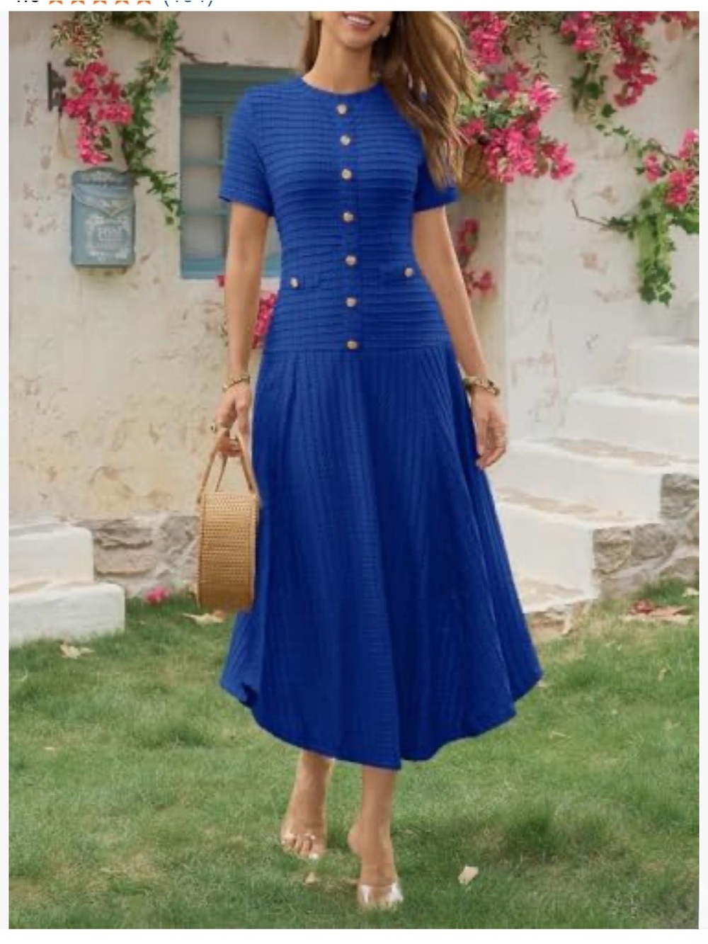 Wenrine Elegant Royal Blue Textured Button-Front Midi Dress Large